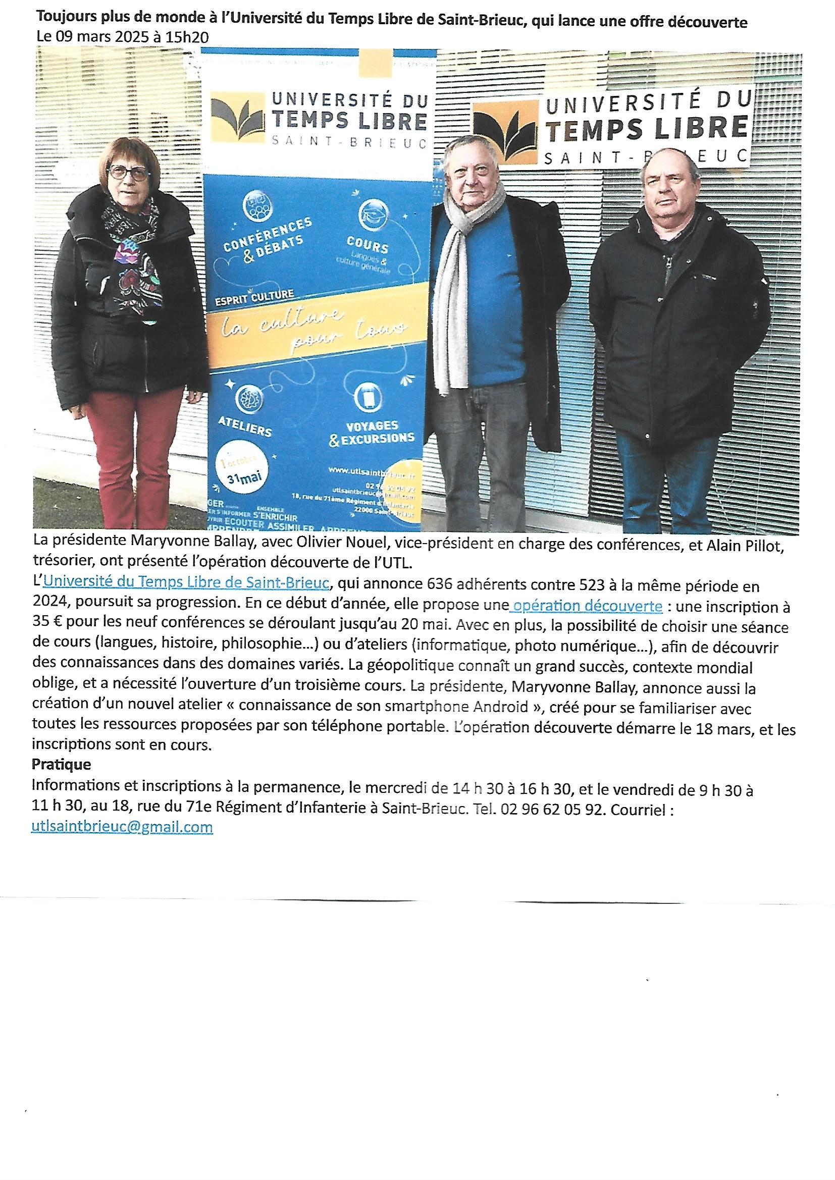 09/03/25 LE TELEGRAMME Opération Découverte UTL ST BRIEUC